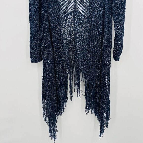 Chico's Size Small Navy Blue Metallic Knit Artisan Fringe Sloane Cardigan - Picture 7 of 7
